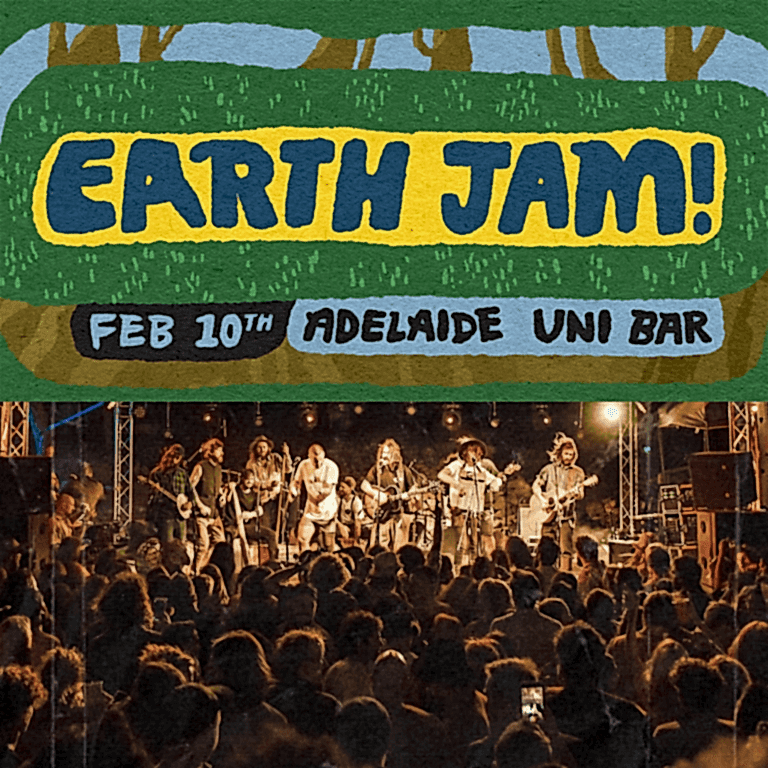 A concert poster with Earth Jam! written at the top, and a photo of a band playing on stage to a big crowd down the bottom.