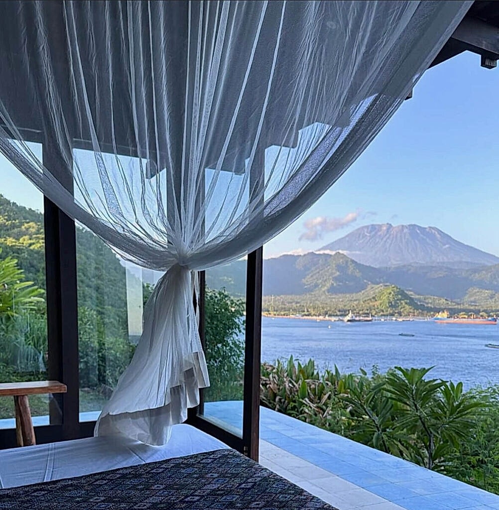 blowing curtain and ocean in the background