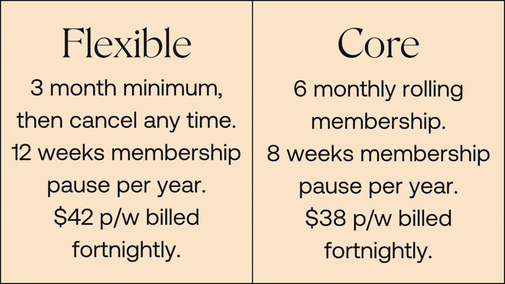 A table featuring the words flexible and core memberships